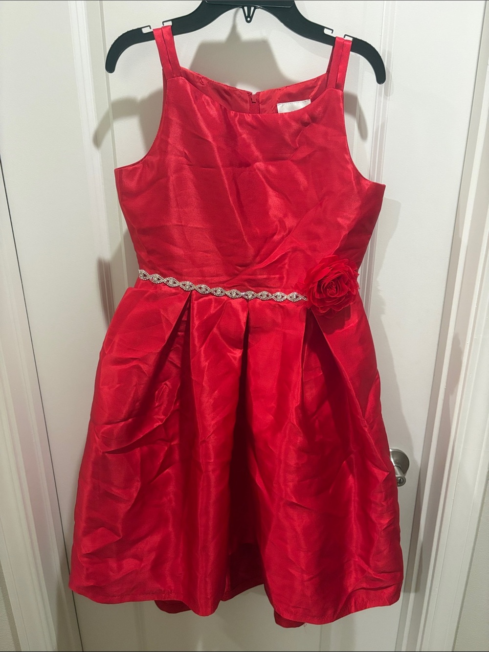 Rare Editions Red Satin Party Dress with Rosette and Beaded Waist - size 14